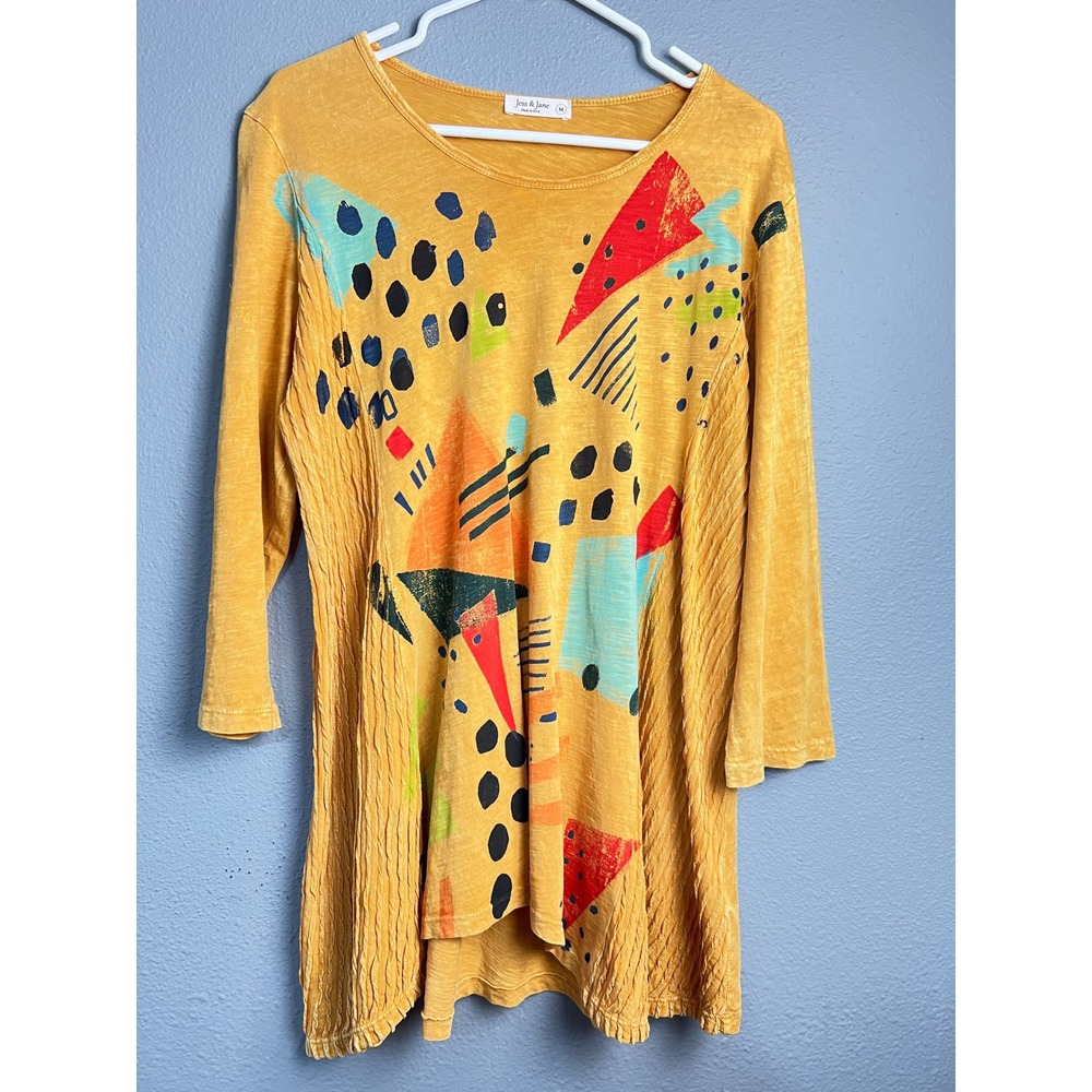 Jess & Jane Womens Mustard Yellow Abstract Geometric Cotton Tunic Top Festival M